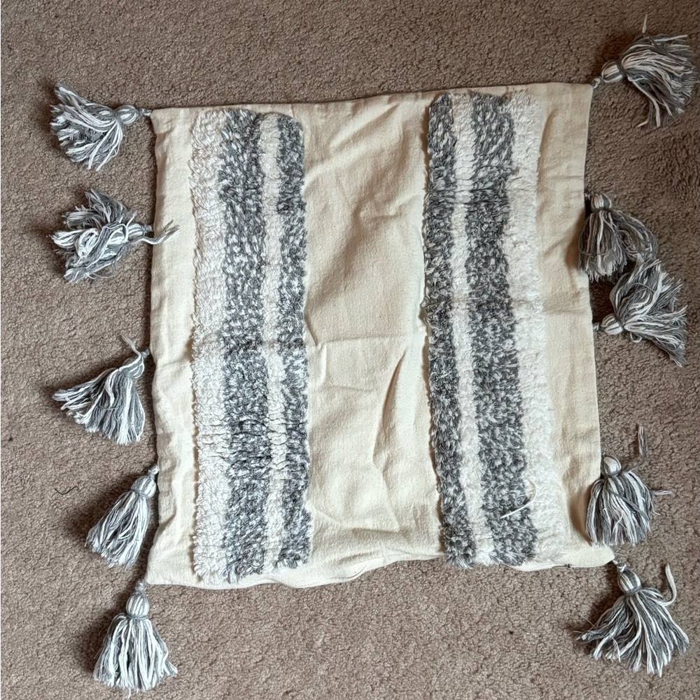 Cream and Gray Tassel Throw Pillow Cover